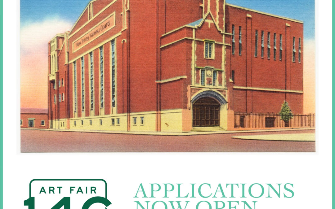 graphic showing postcard illustration of the Jersey City Armory with 14C logo and note that applications are open