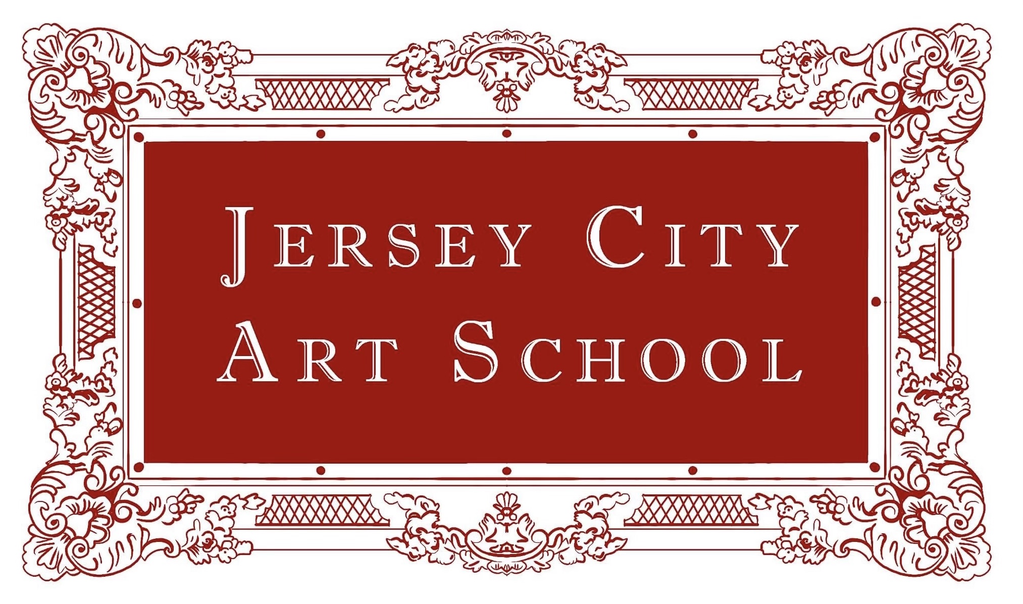 Jersey City Art School logo is a red ornate frame surrounding a red rectangle with the name of the school