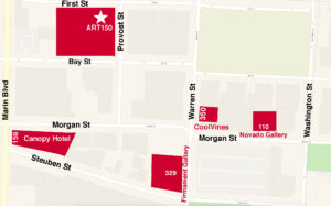 map of the Powerhouse Arts District with the participating arts venues highlighted in red