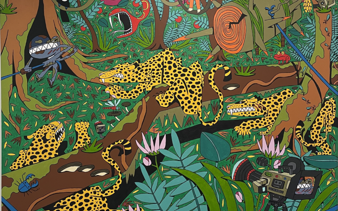 playful acrylic painting of three leopards in a colorful jungle by the artist BARC the Dog