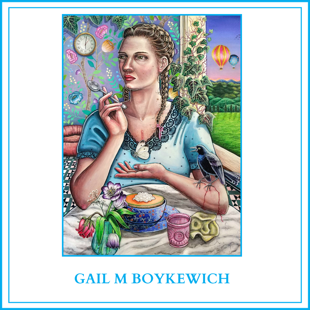 painting of a woman sitting at a breakfast table looking off to the left while holding a cigarette