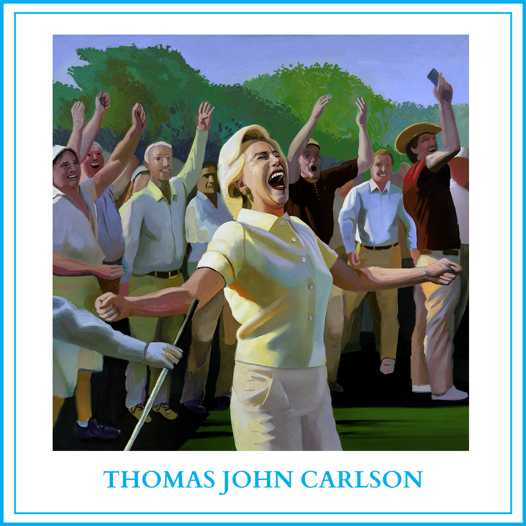 Painting by Thomas John Carlson showing Hillary Clinton reacting exuberantly to an imagined hole in one